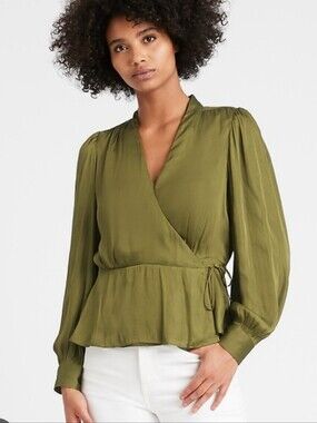 XL Banana Republic Olive Wrap Peplum Satin Blouse Plus Size